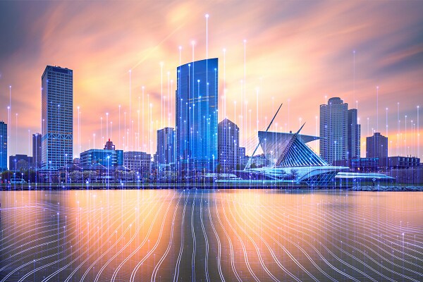 Skyline of a metropolitan city at sunset