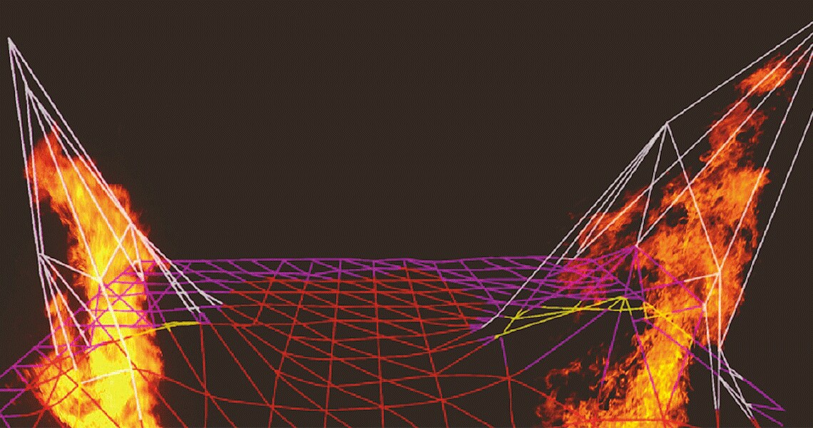 Mesh-graph type graphics with flames on each side of it