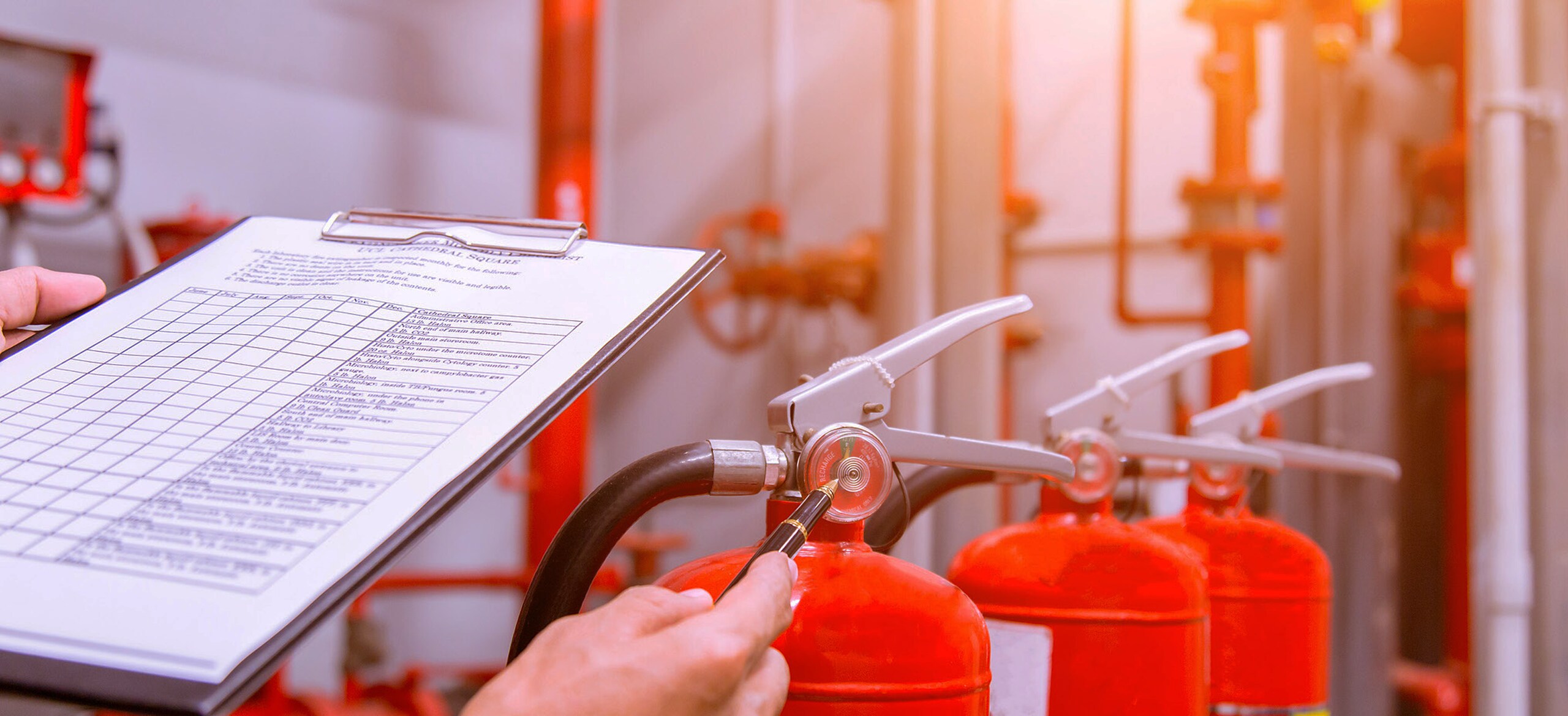 A clipboard and three fire extinguishers in a line