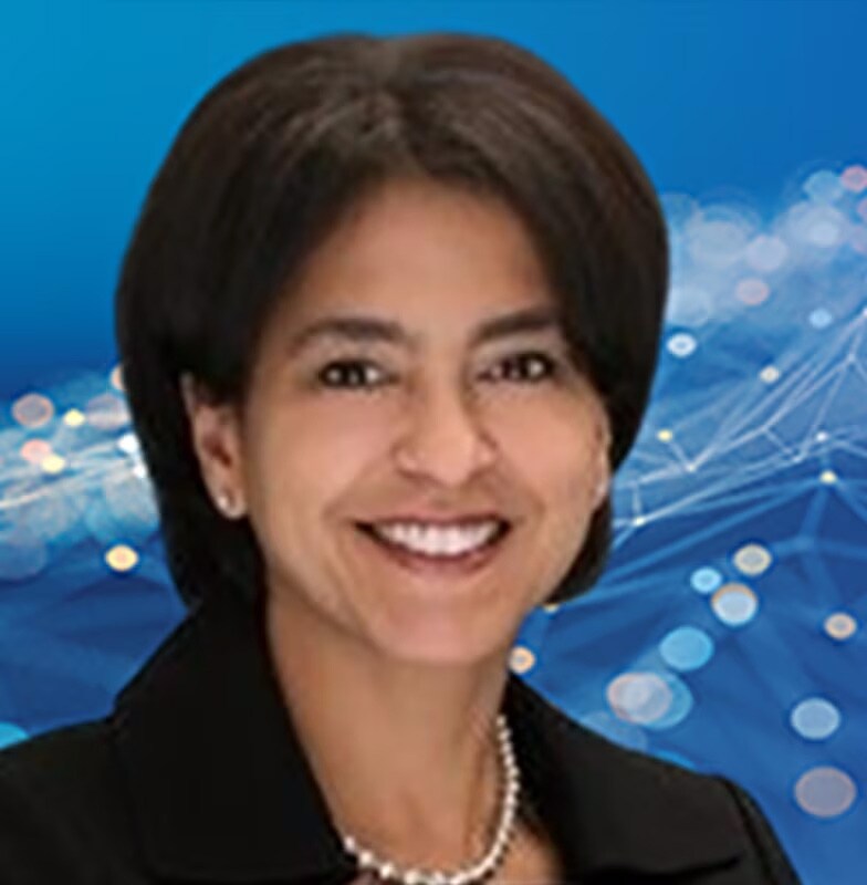 Woman smiling, with a graphic of digital communication overlaid on the background