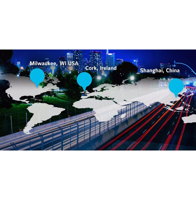 Graphic of world map tagged with JCI headquarter locations overlaid on an image of a highway