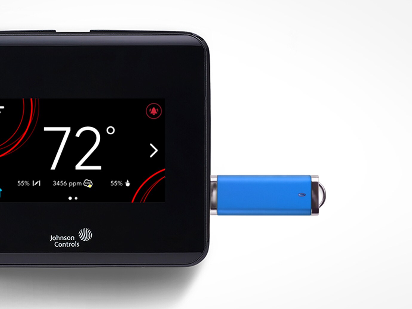 Üzerinde mavi bir USB portu bulunan siyah bir ağ termostatı