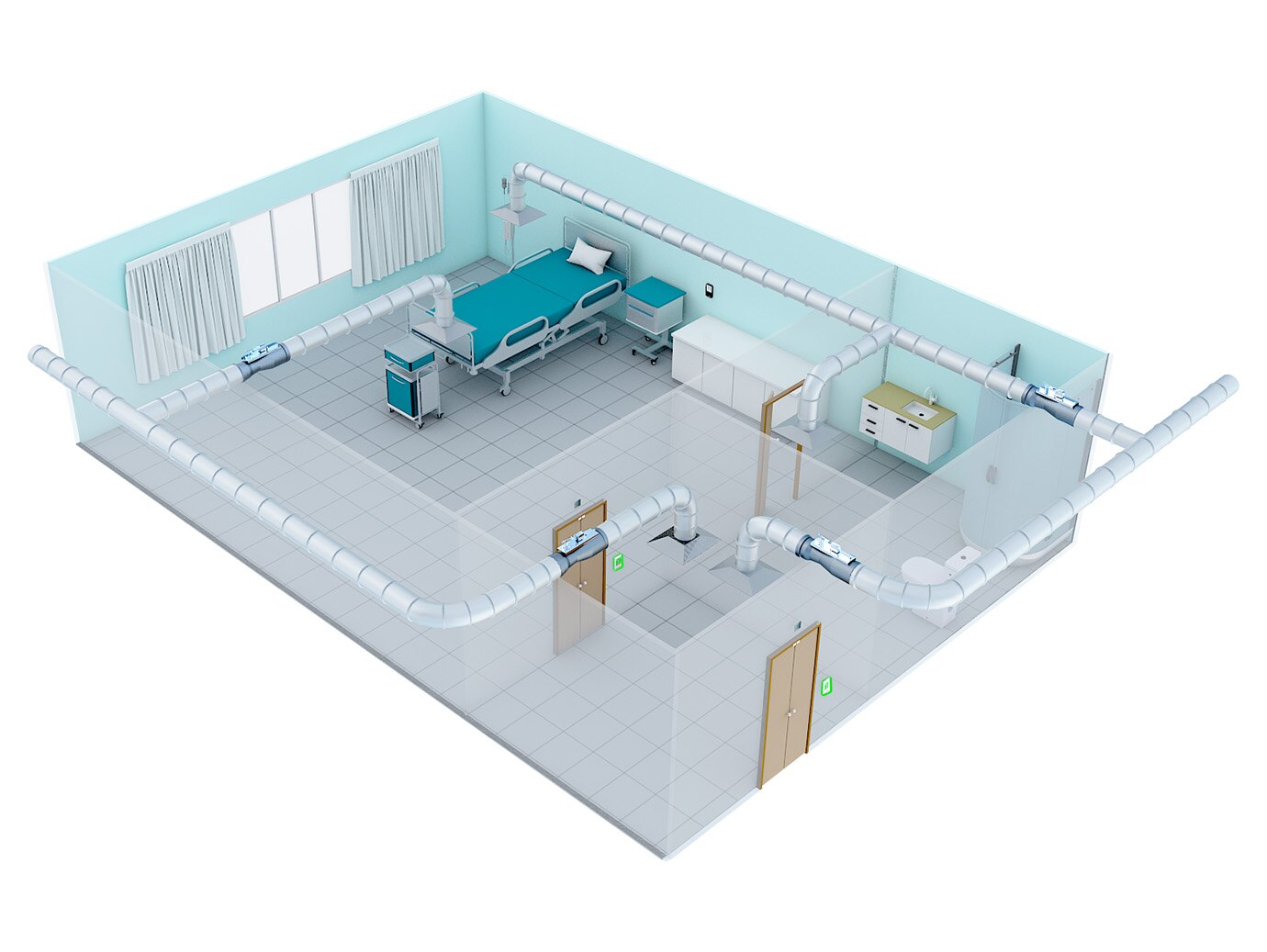 An isometric diagram of a hospital room