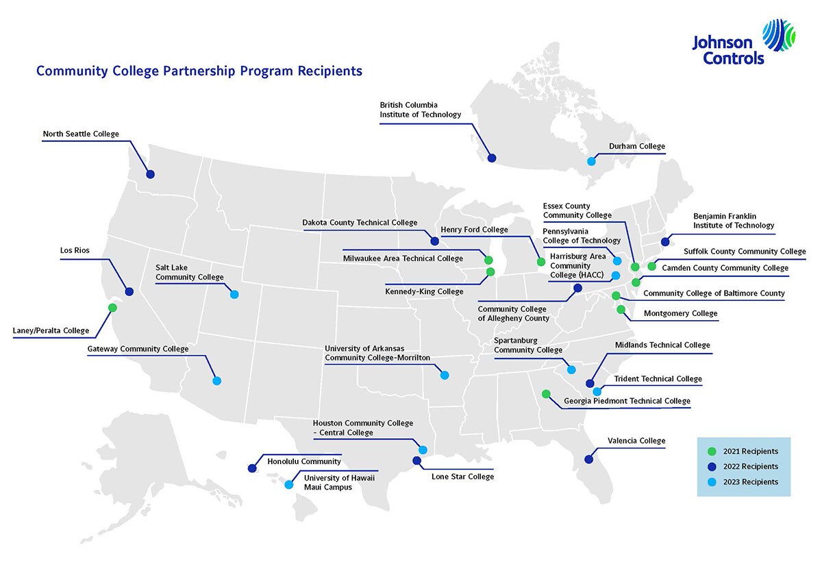 Map containing the names of the community college parternship program recipients