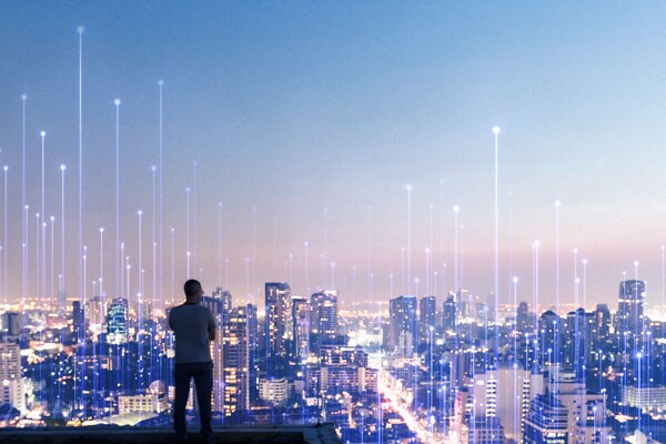 Man alone over top skyscraper