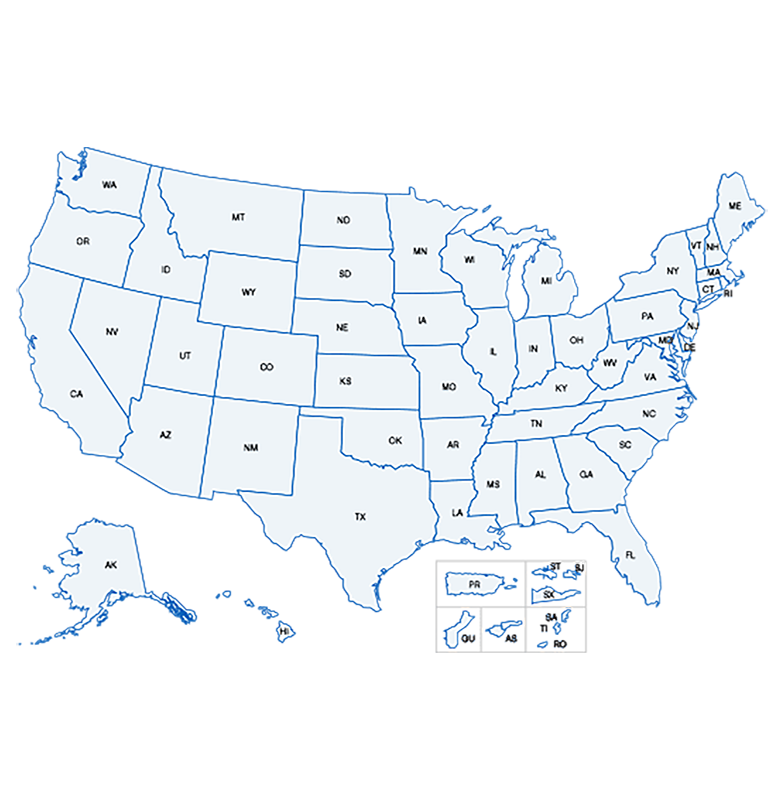 An outline of the map of the United States, with each state marked by the abbreviation its name