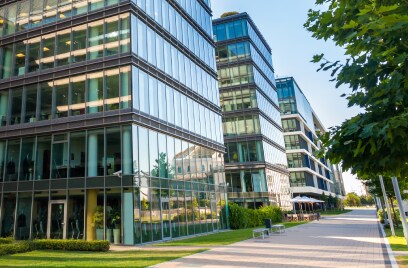 Glass building with greenery campus