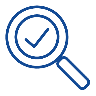 Blue line-illustration of a checkmark within a magnifying glass
