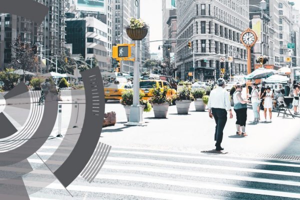 A busy street, overlaid with a circular graphic