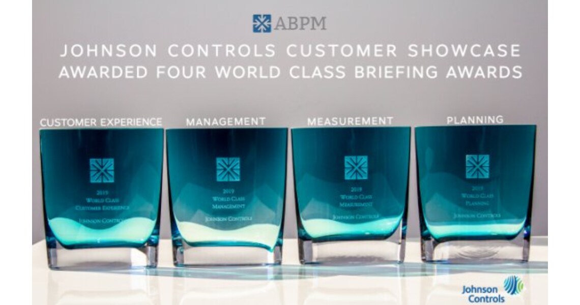 Four award plaques won by Johnson Controls Customer Showcase Program, from the Association of Briefing Program Managers (ABPM)