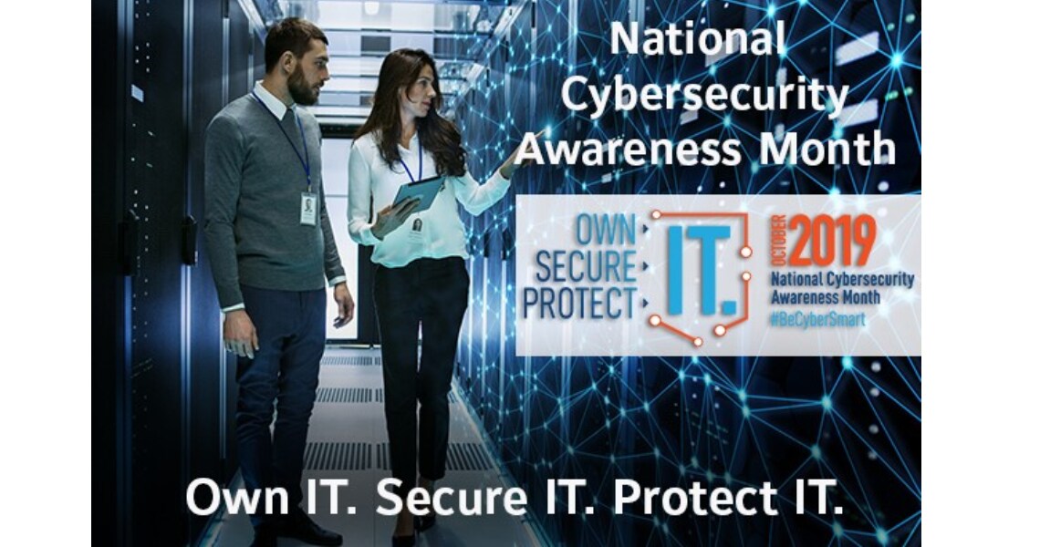 Logo of the National Cybersecurity Awareness Month 2019 overlaid on an image of a man and a woman in a data center
