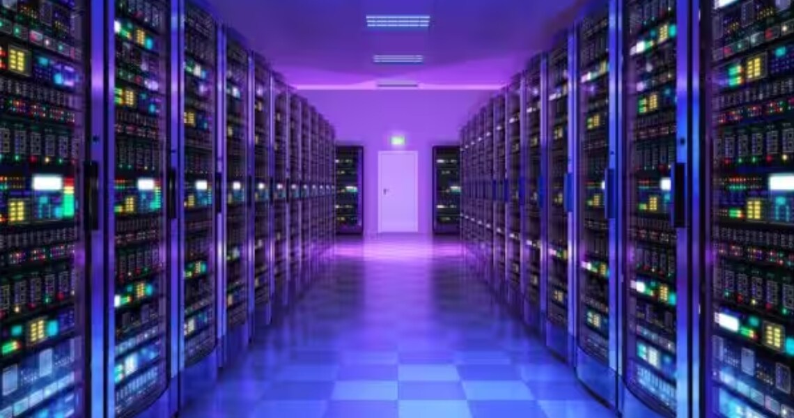 Interiors of a data centre with purple lighting racks on either side
