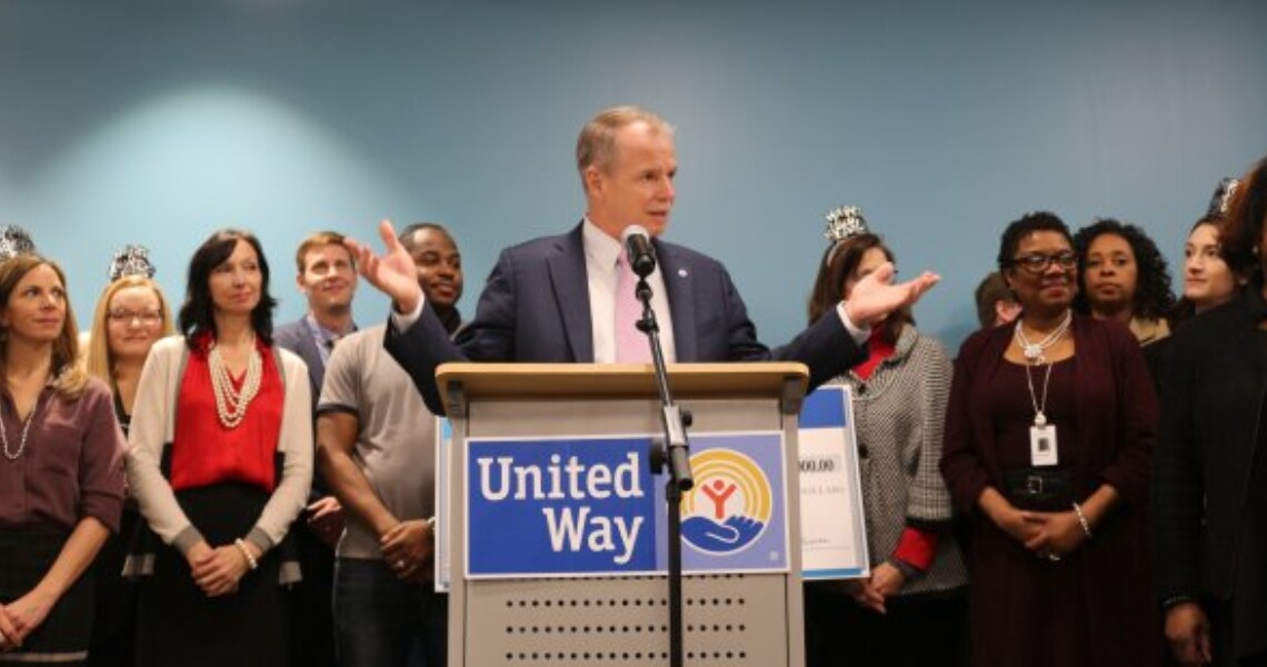 George Oliver, CEO of Johnson Controls, speaking at the Happy New Year Milwaukee event