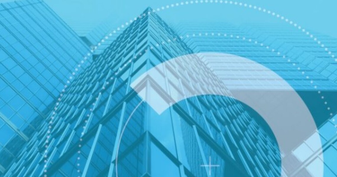 Frog's-eye view of a glass corporate building, with circular graphics overlaid on it