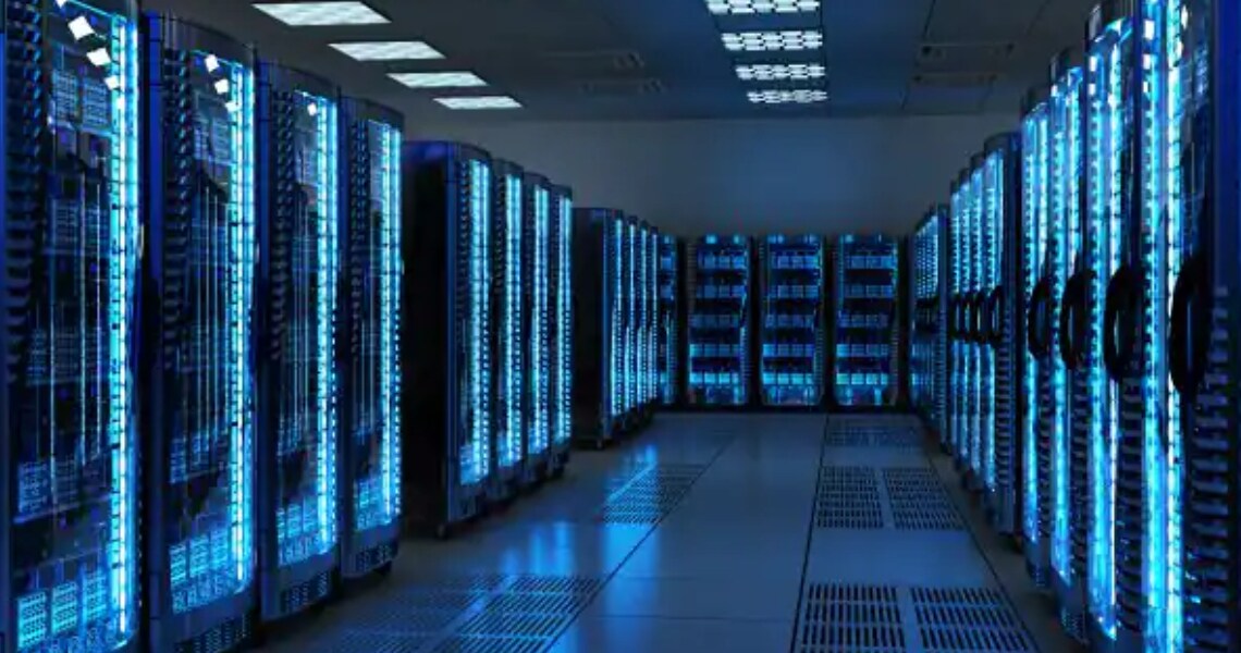 Interior of a lit-up server room