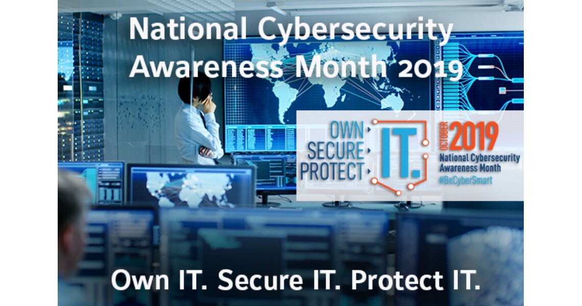Logo of the National Cybersecurity Awareness Month 2019, overlaid on an image of an office interior