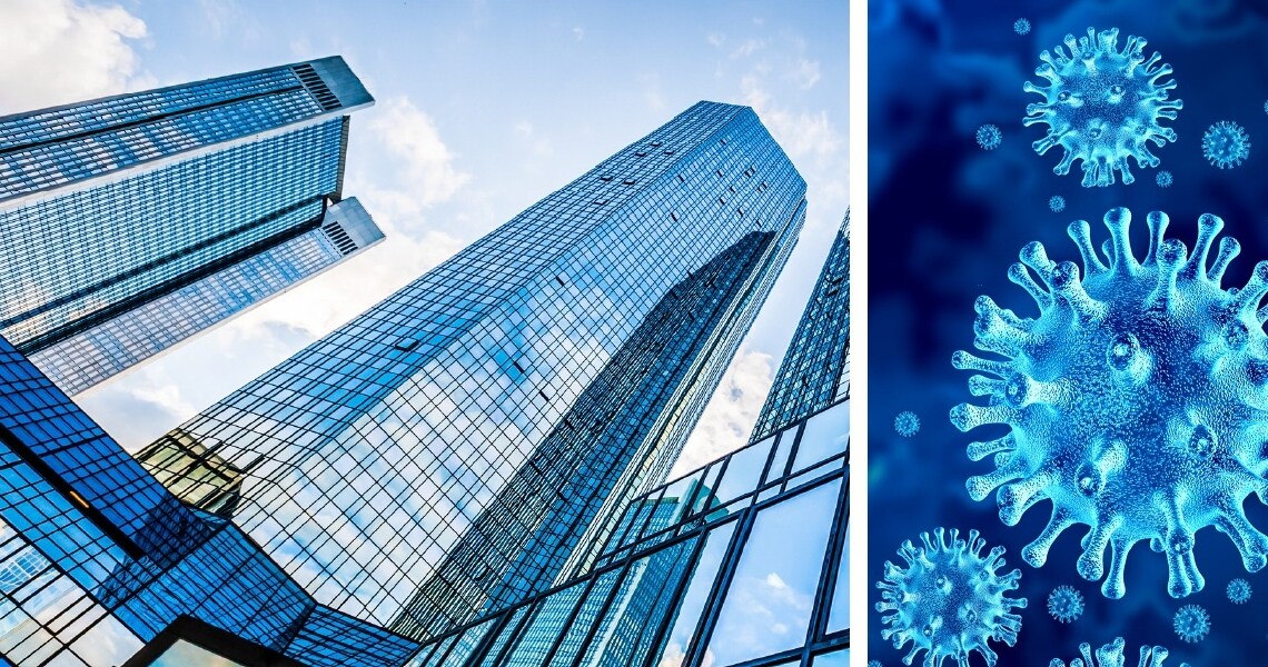 Frog's-eye view of blue multi-storey buildings against a clear sky, next to a microscopic view of Coronavirus