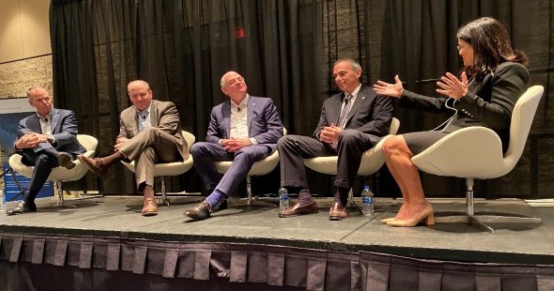 Johnson Controls executives George Oliver, Rod Rushing, Mike Ellis, Joe Oliveri and Jenny Stentz engaged in a discussion