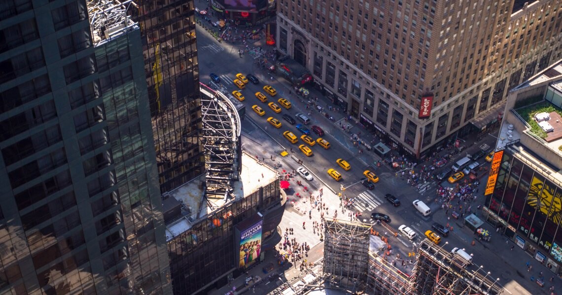 Aerial view of busy roads and buildings in New York City