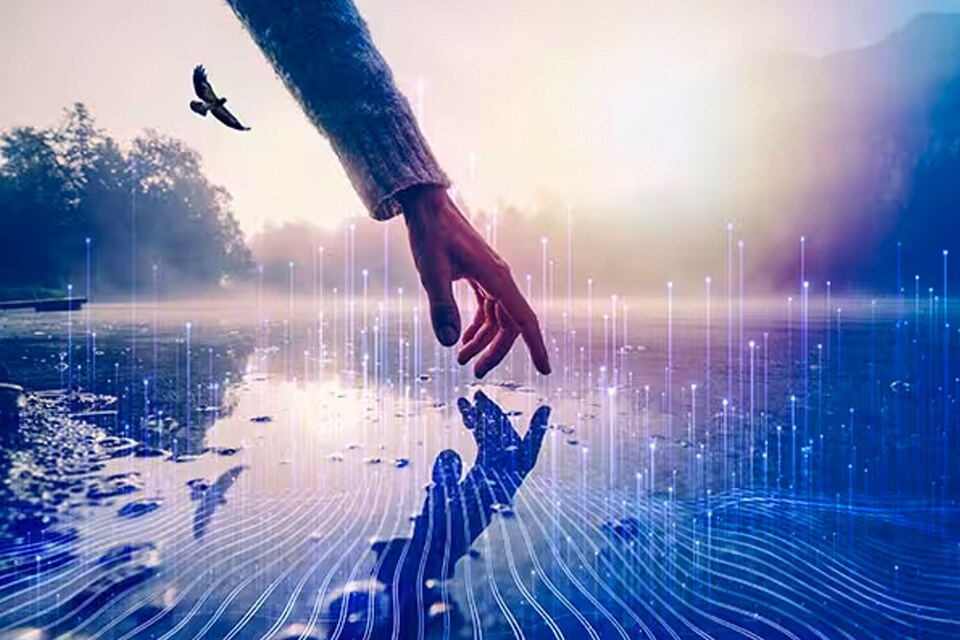 Double exposure of a person's hand and a mountain lake, overlaid with a graphic of transmission nodes