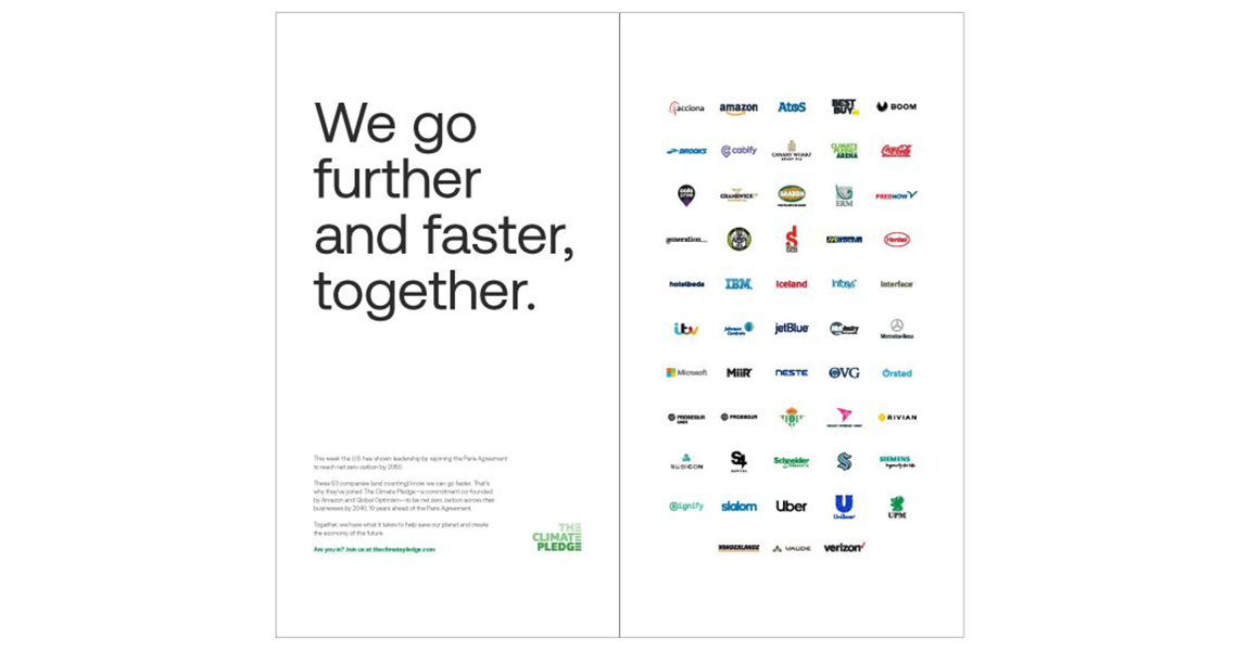 A New York Times advertisement showing the logos of companies that have taken their Climate Pledge
