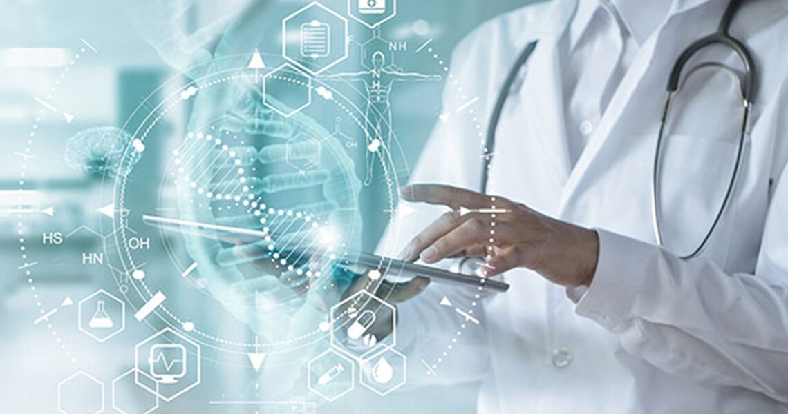 Doctor browsing a tablet, overlaid with a graphic depicting digital healthcare