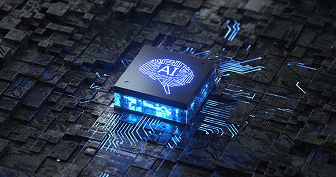 3D rendering of a circuit board depicting artificial intelligence
