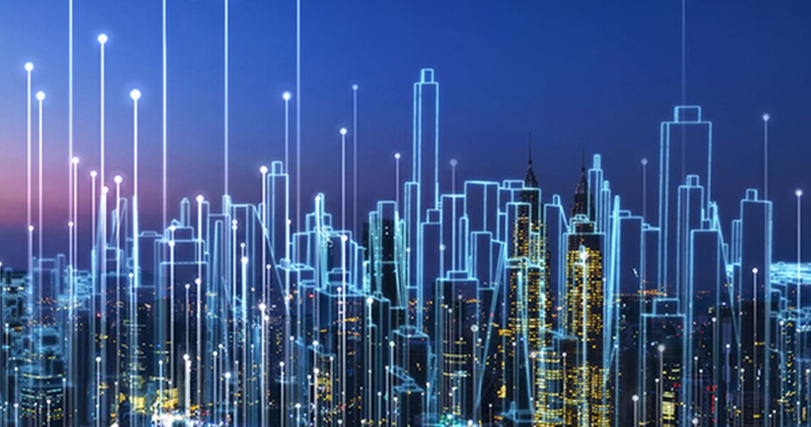 Cityscape overlaid with a graphic of high rise buildings and transmission nodes