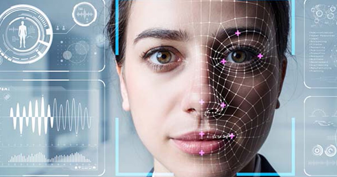 A woman's face with face-detection graphics overlaid on it