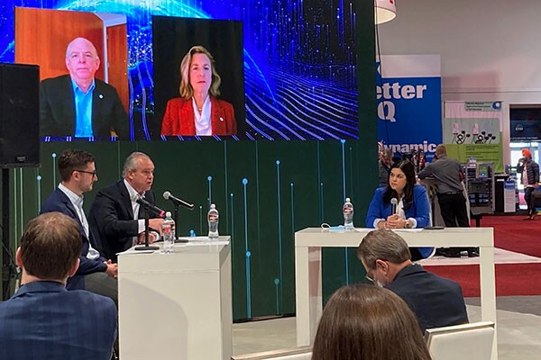 Jenny Stentz, leader of Building Solutions North America, moderating a discussion at the AHR Expo 2022