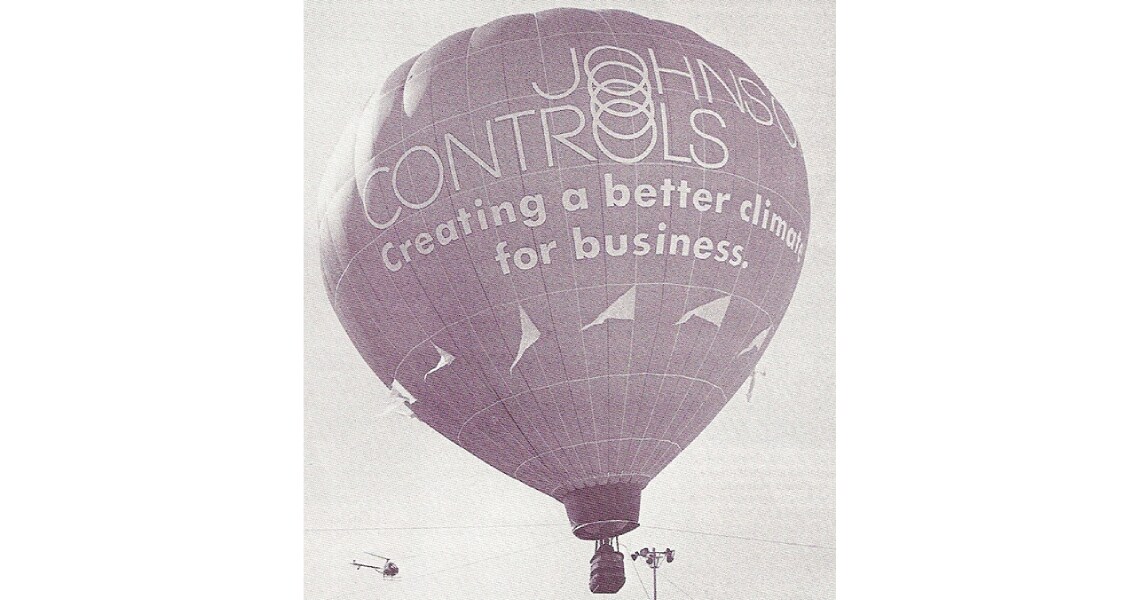 Johnson Controls' hot air balloon takes to the air for the first time over the Milwaukee County Stadium parking lot on March 9, 1984