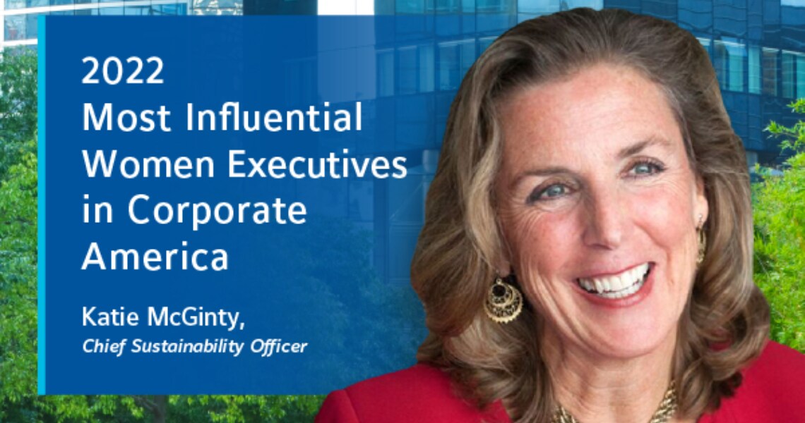 Katie McGinty, Chief Sustainability Officer, Johnson Controls, with text '2022 Most Influential Women Executives in Corporate America'