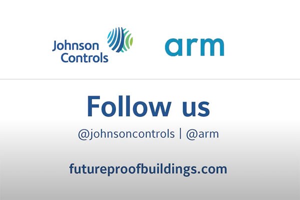Logos of the companies Johnson Controls and Arm, with their social media handles below, and a link to the website of Future Proof Buildings at the bottom