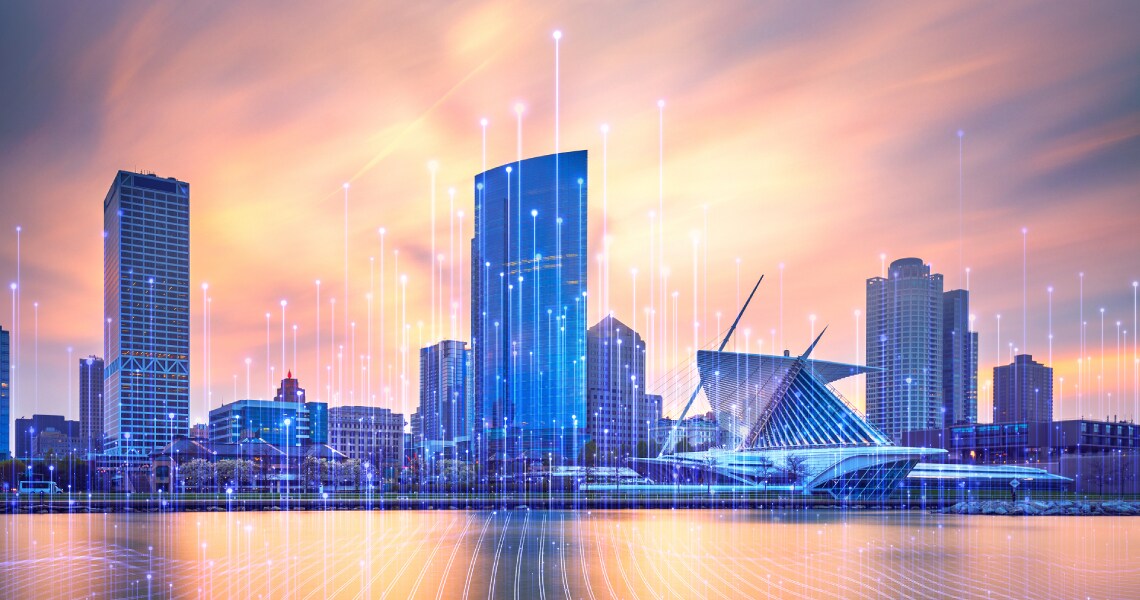 Skyline of a metropolitan city at sunset