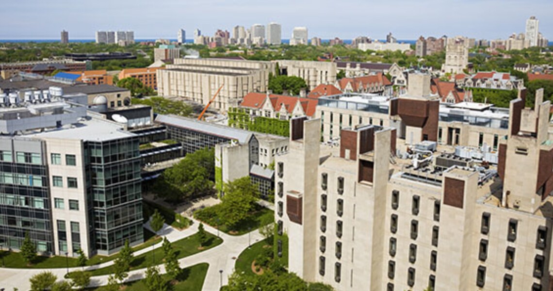 Aerial view of university buildings, with skyscrapers in the distance