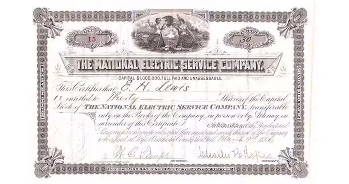 A National Electric Service Company stock certificate from 1886.