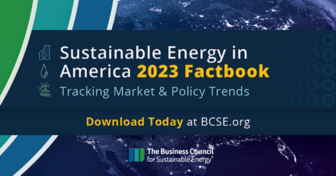 Banner with text overlaid 'Sustainable Energy in America Factbook, Tracking Market & Policy Trends' on an image of the Earth