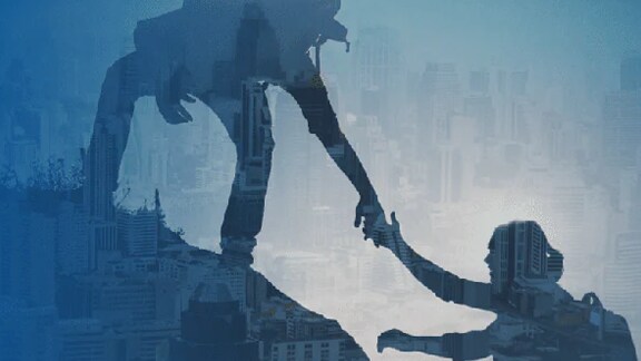 A mountaineer helping another mountaineer to climb with an overlaid cityscape