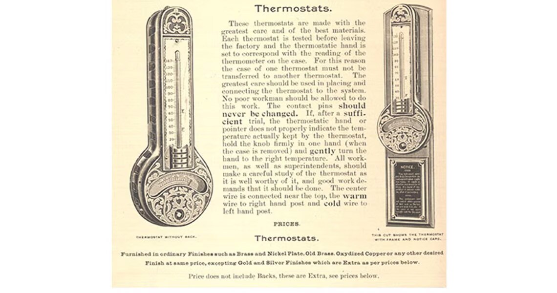 Thermostats of the Johnson Electric Service Co. on an 1893 catalog