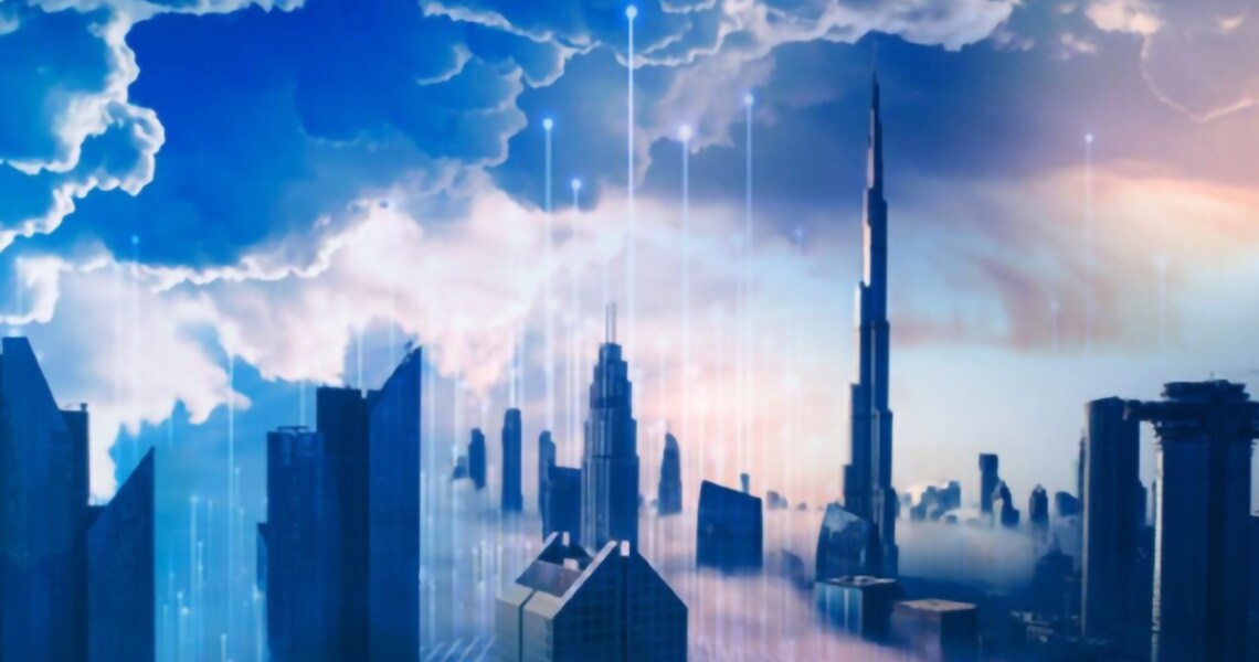 A metropolitan skyline with clouds overhead