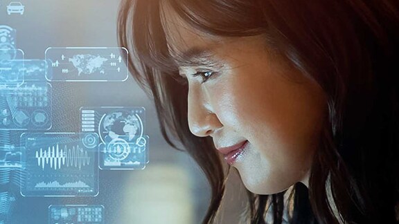 Close-up of a woman, overlaid with a graphic of various infographic