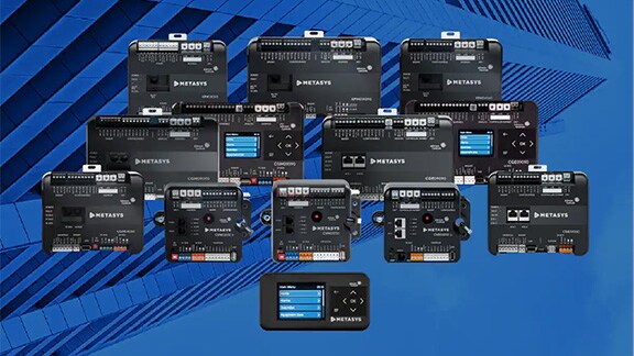 A collection of Metasys units against a blue background