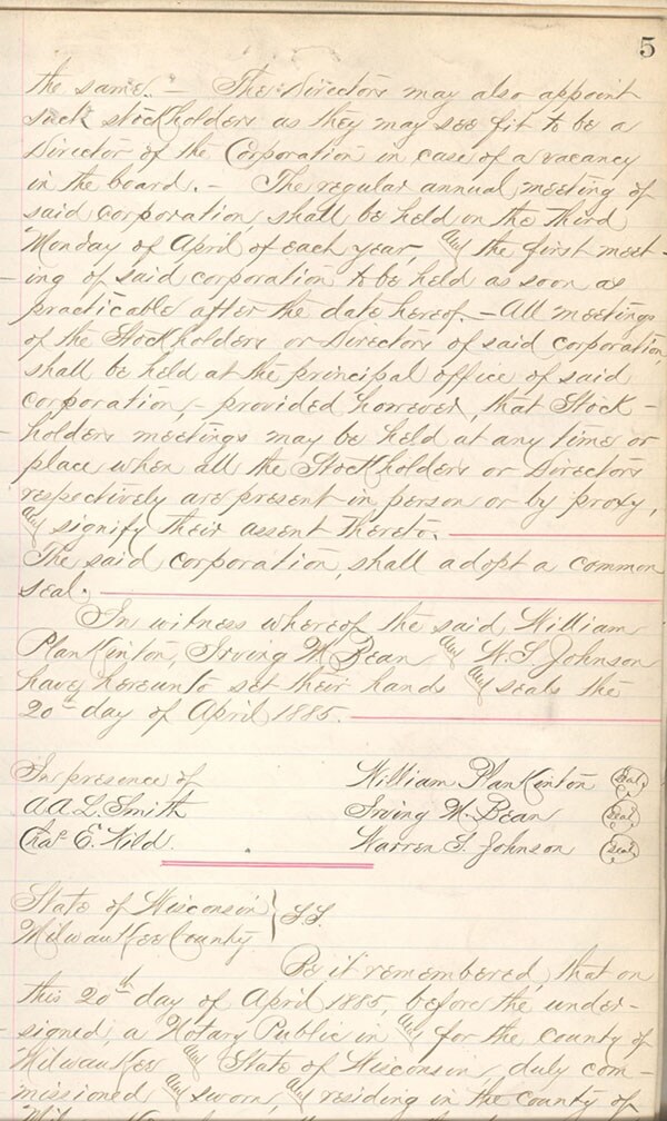A page from the 1885 articles of association of the Johnson Electric Service Company,