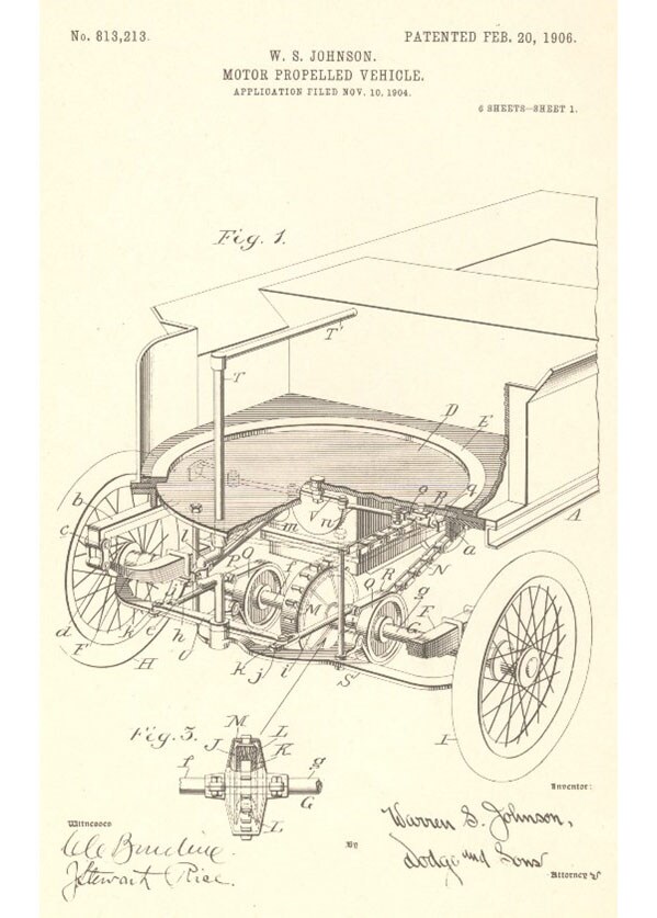 An illustration in Warren Johnson's patent 813,213 depicting the truck's "fifth-wheel"