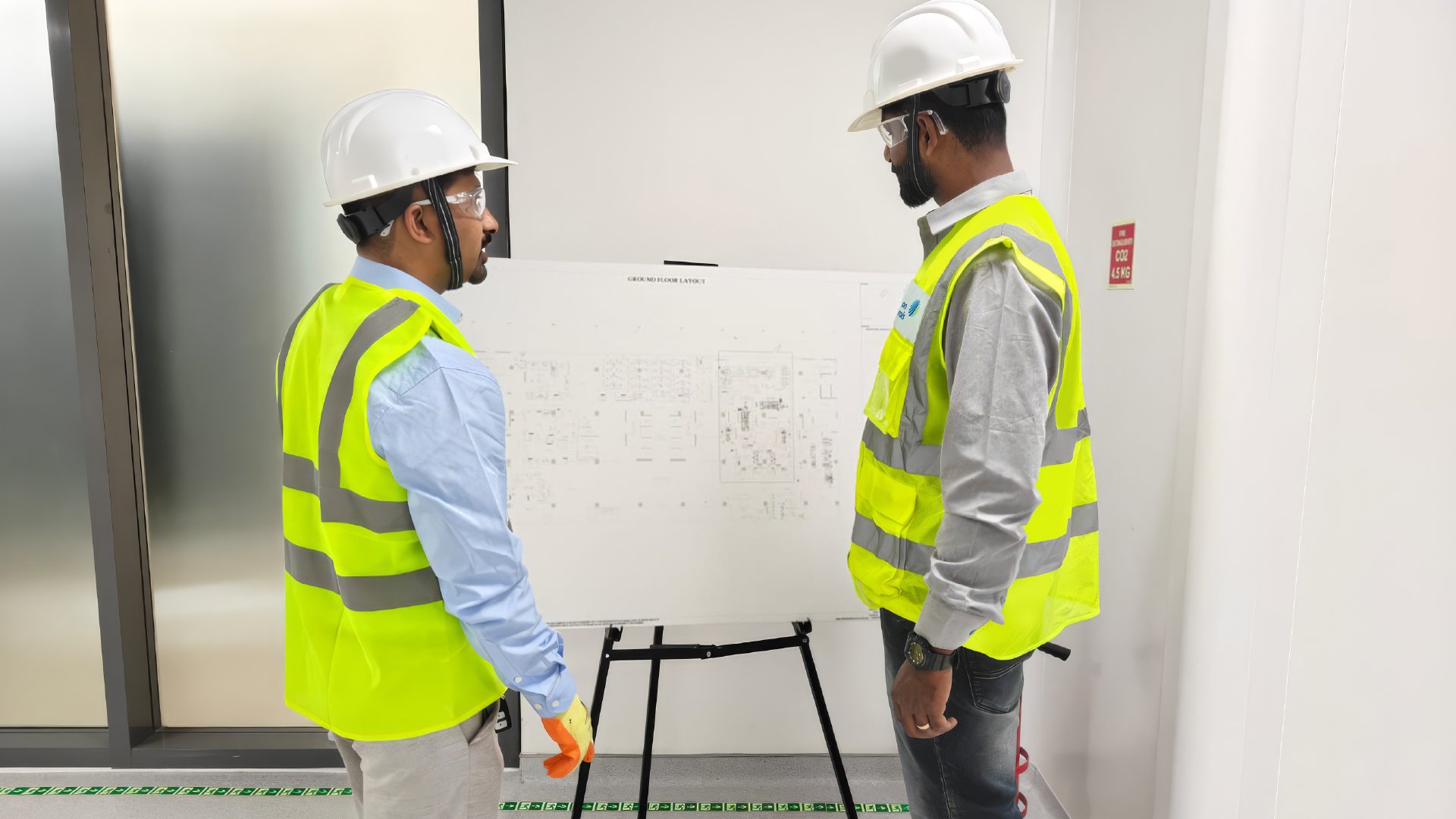 Two technicians looking at the board
