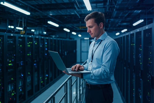 A technician looking into laptop