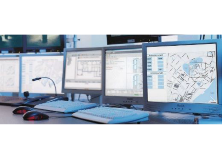 Computer monitors aligned on a table