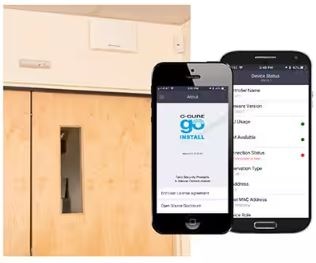 C•CURE Go install app open on phone overlaid on a set of doors