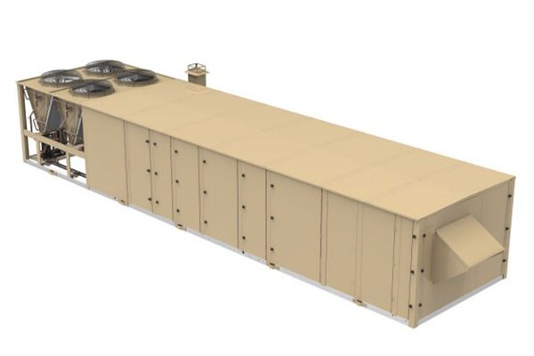 A Johnson Controls Premier 25-50 ton rooftop unit on a white background