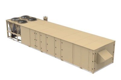 A Johnson Controls Premier 25-50 ton rooftop unit on a white background